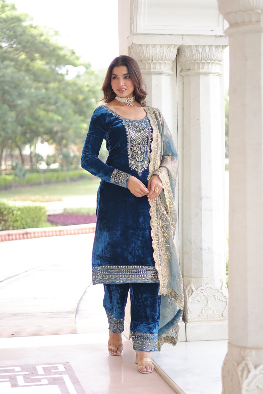 Sheet blue velvet sequins zari embroidered kurta set with dupatta