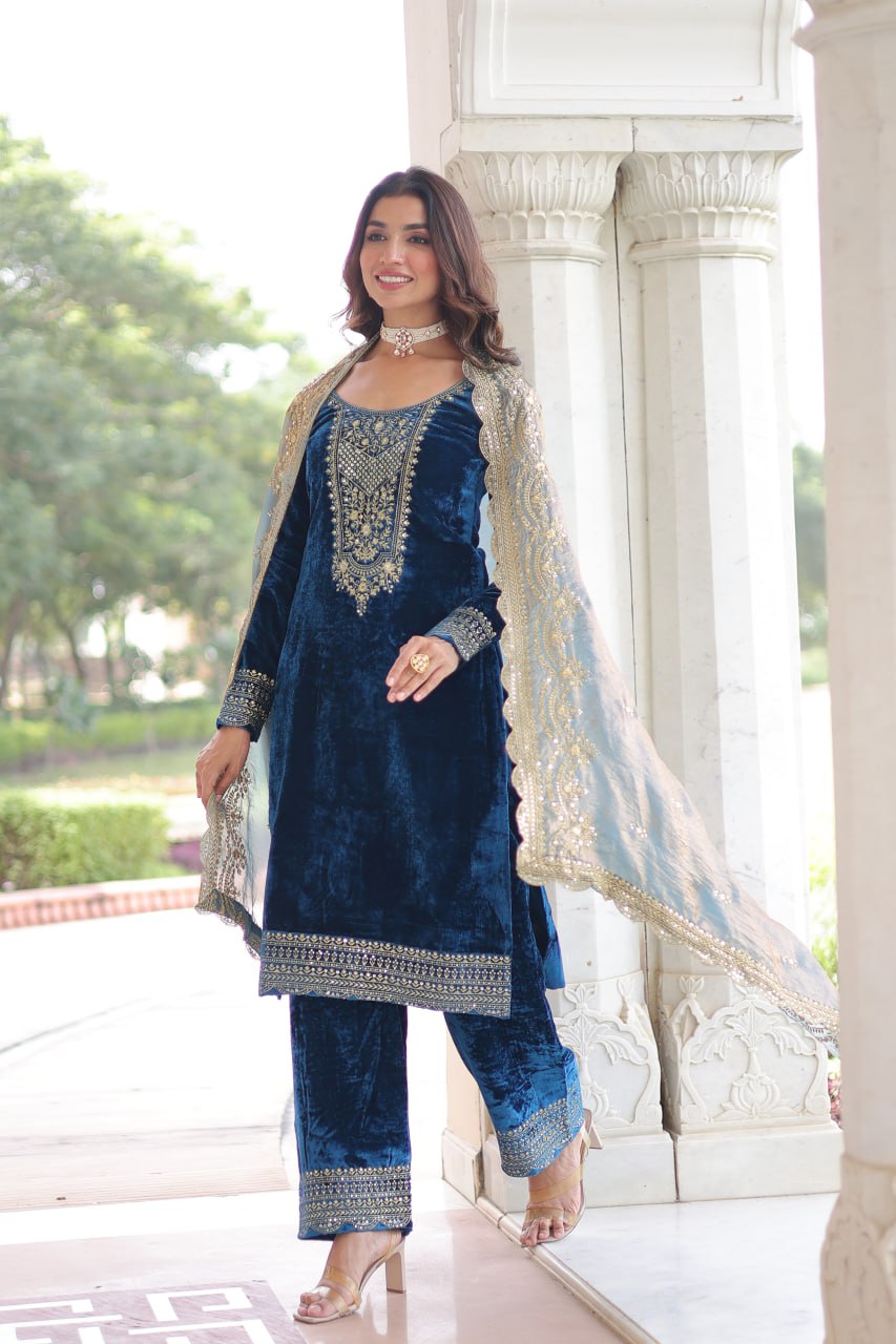 Sheet blue velvet sequins zari embroidered kurta set with dupatta