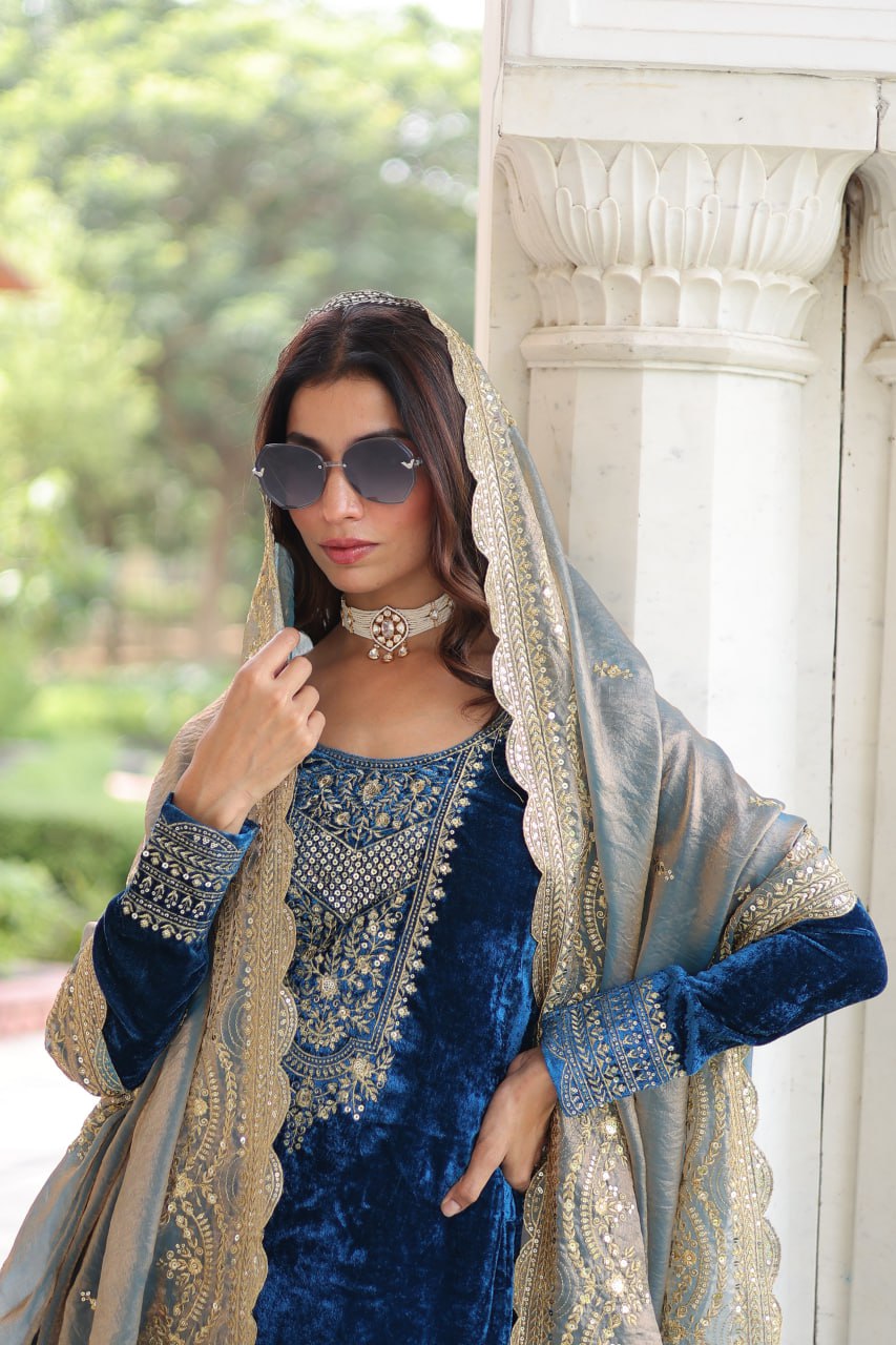 Sheet blue velvet sequins zari embroidered kurta set with dupatta
