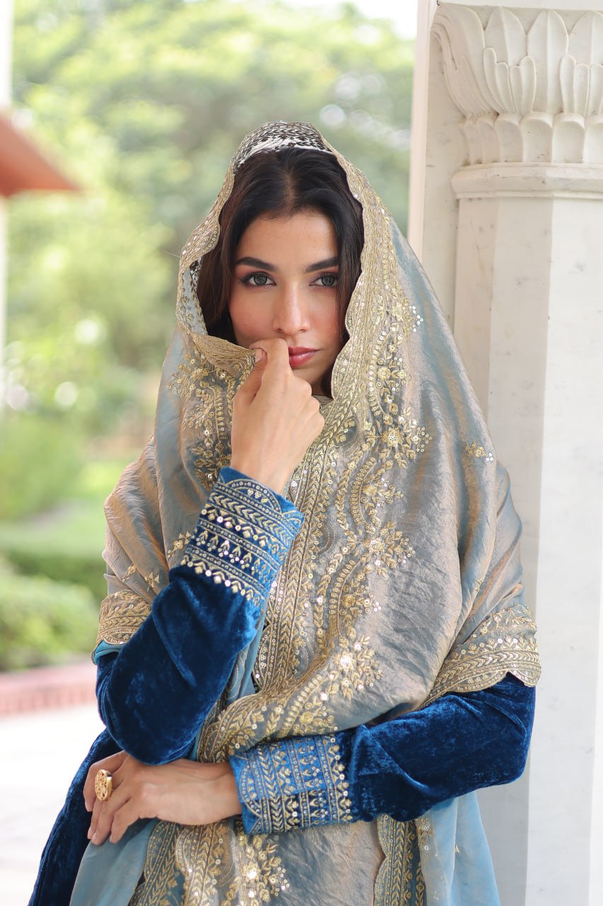 Sheet blue velvet sequins zari embroidered kurta set with dupatta