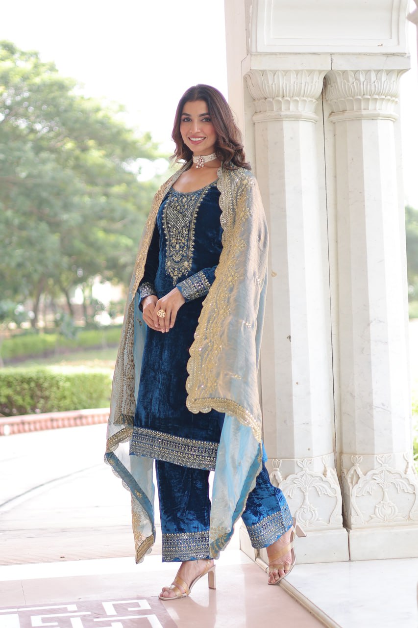 Sheet blue velvet sequins zari embroidered kurta set with dupatta