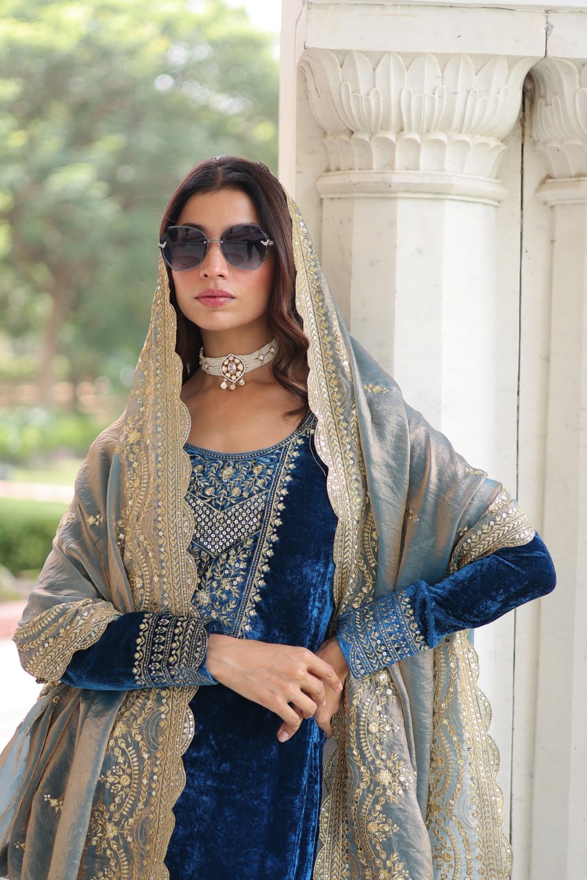 Sheet blue velvet sequins zari embroidered kurta set with dupatta
