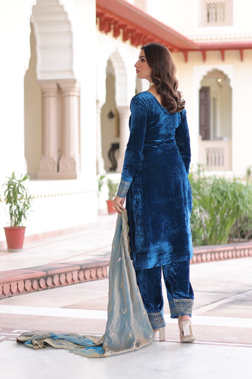 Sheet blue velvet sequins zari embroidered kurta set with dupatta