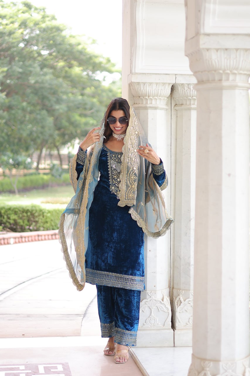 Sheet blue velvet sequins zari embroidered kurta set with dupatta