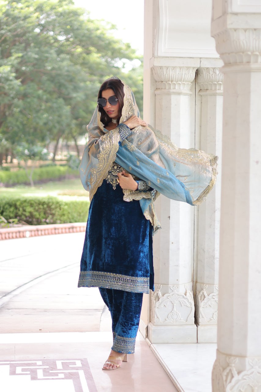Sheet blue velvet sequins zari embroidered kurta set with dupatta