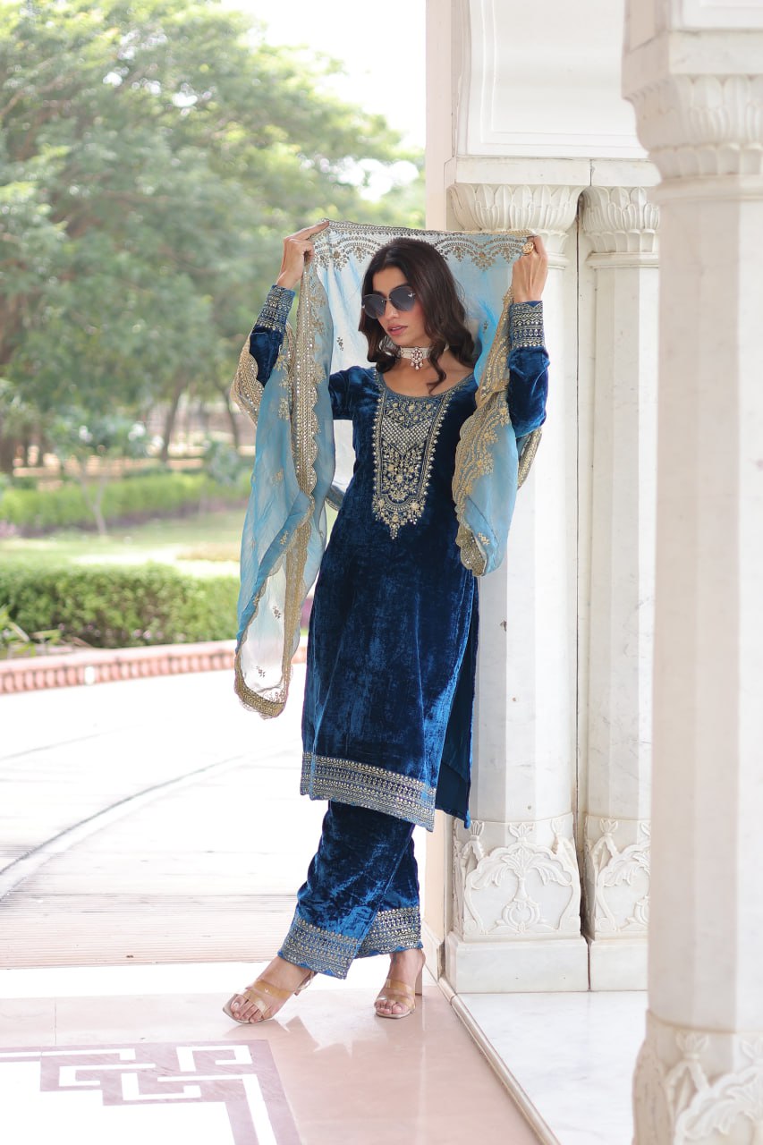 Sheet blue velvet sequins zari embroidered kurta set with dupatta