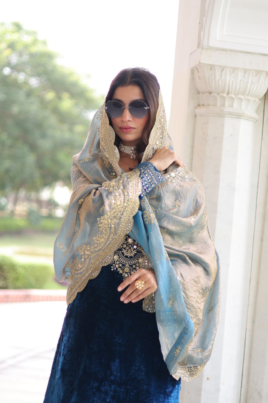 Sheet blue velvet sequins zari embroidered kurta set with dupatta