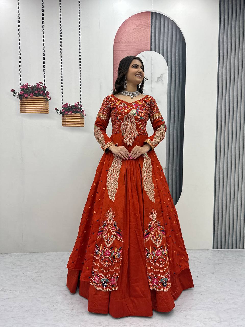 Mani orange Vichitra silk crop top peacock design lehenga with embroidered shrug
