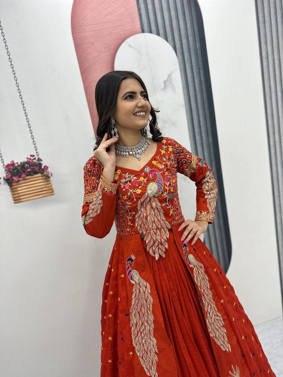 Mani orange Vichitra silk crop top peacock design lehenga with embroidered shrug