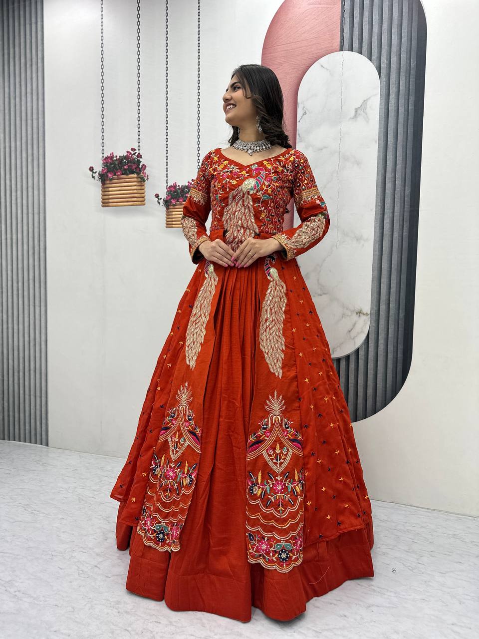 Mani orange Vichitra silk crop top peacock design lehenga with embroidered shrug