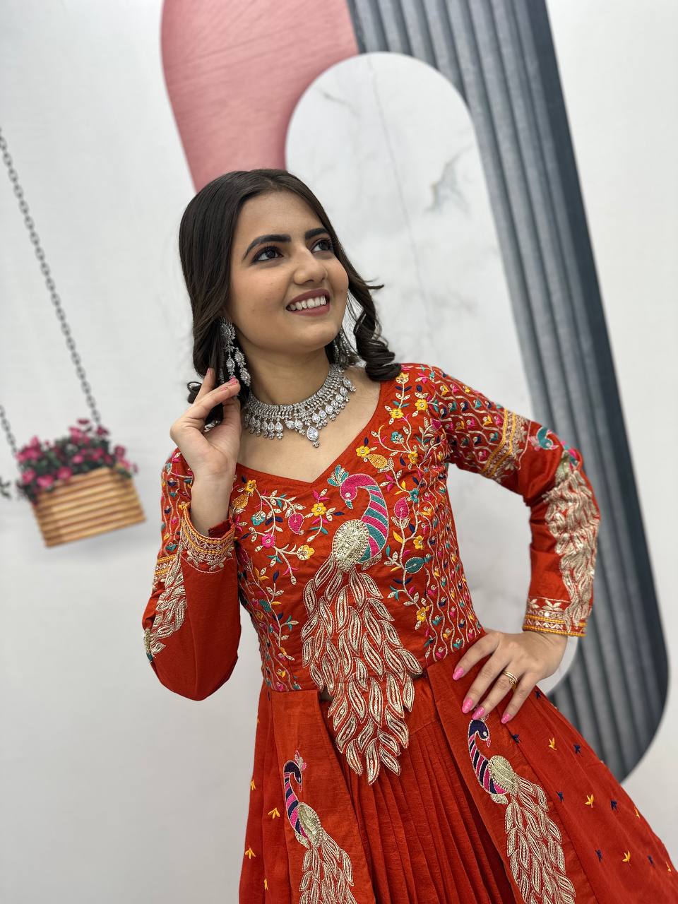 Mani orange Vichitra silk crop top peacock design lehenga with embroidered shrug