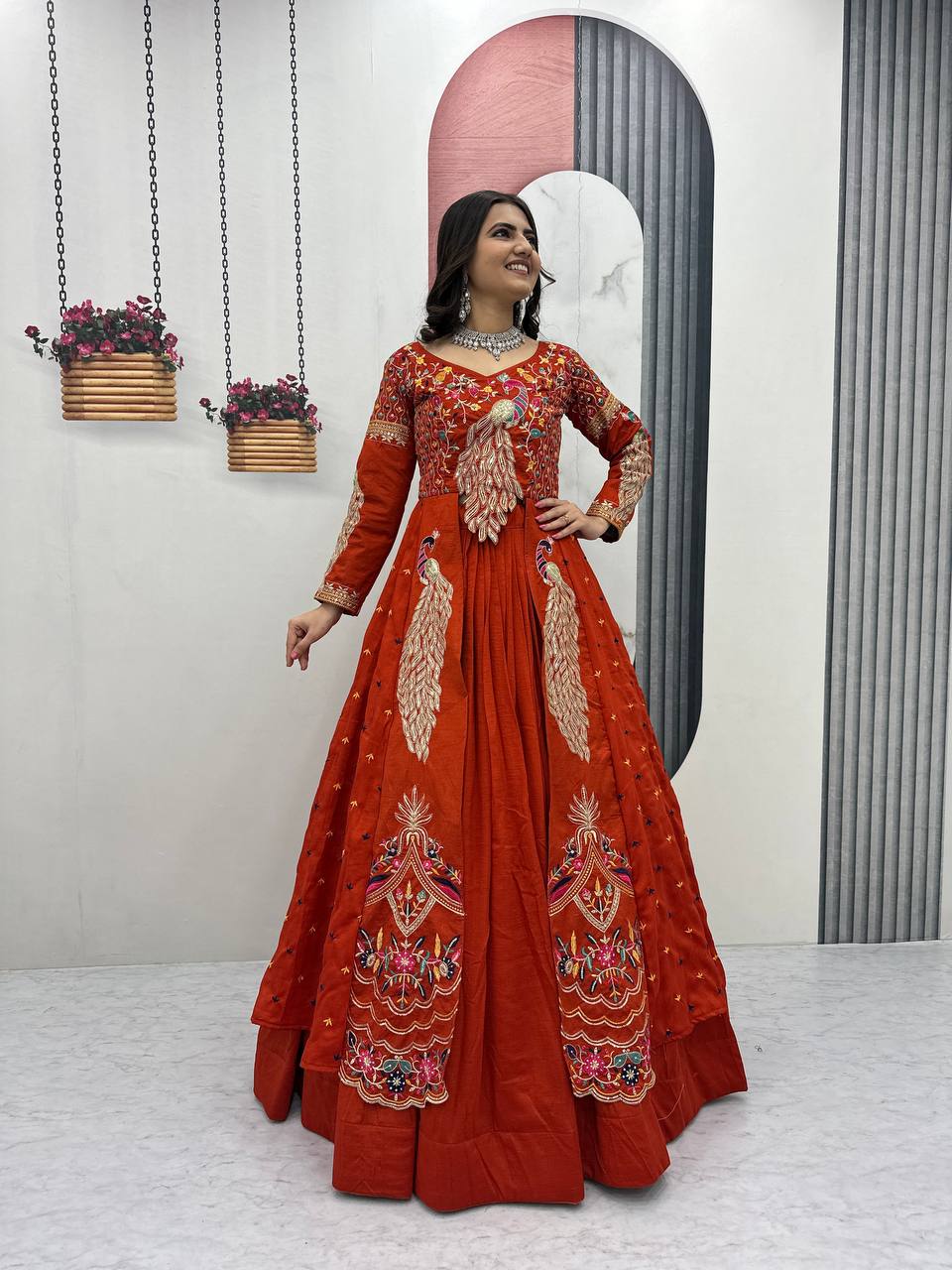 Mani orange Vichitra silk crop top peacock design lehenga with embroidered shrug