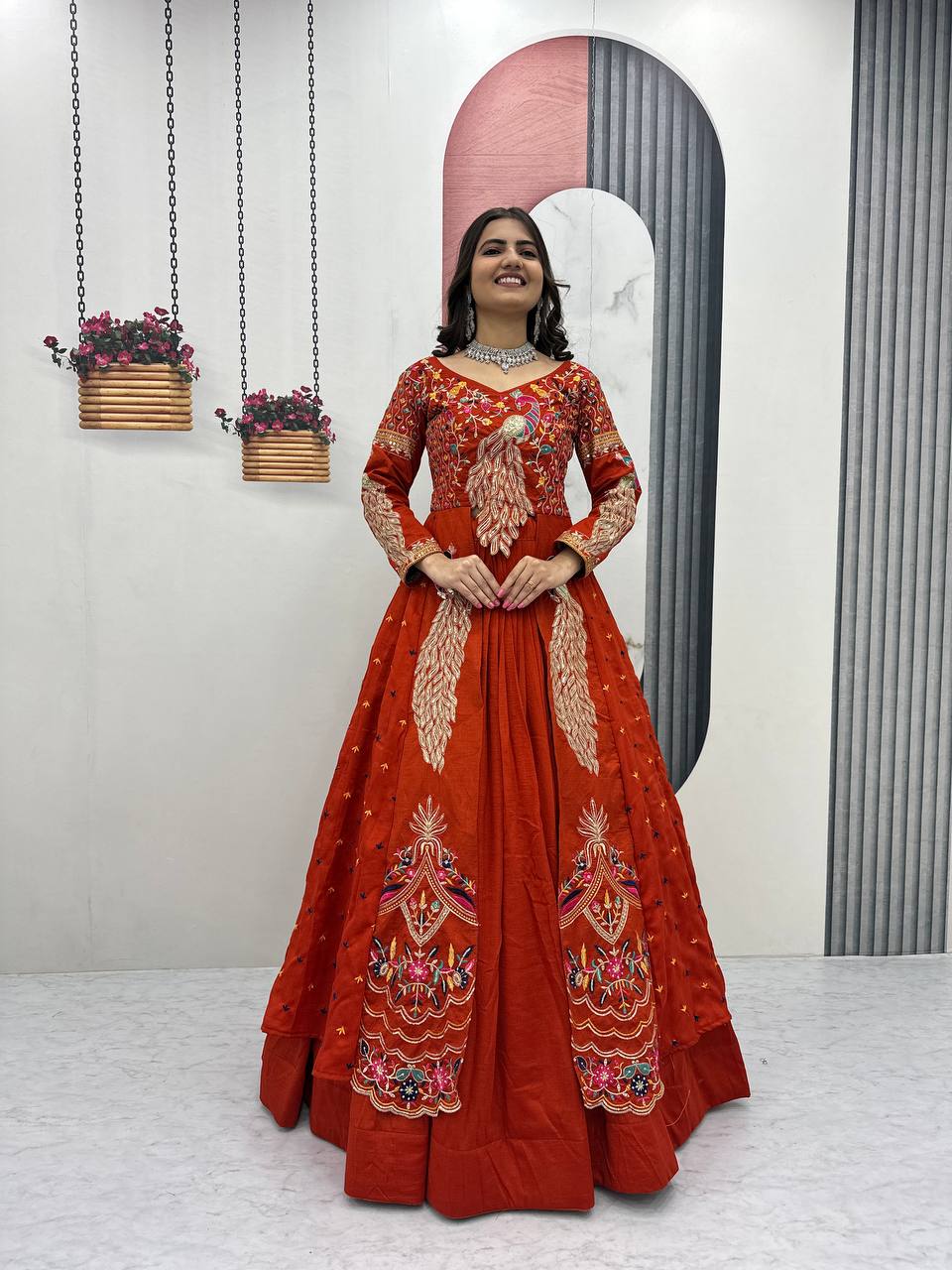 Mani orange Vichitra silk crop top peacock design lehenga with embroidered shrug