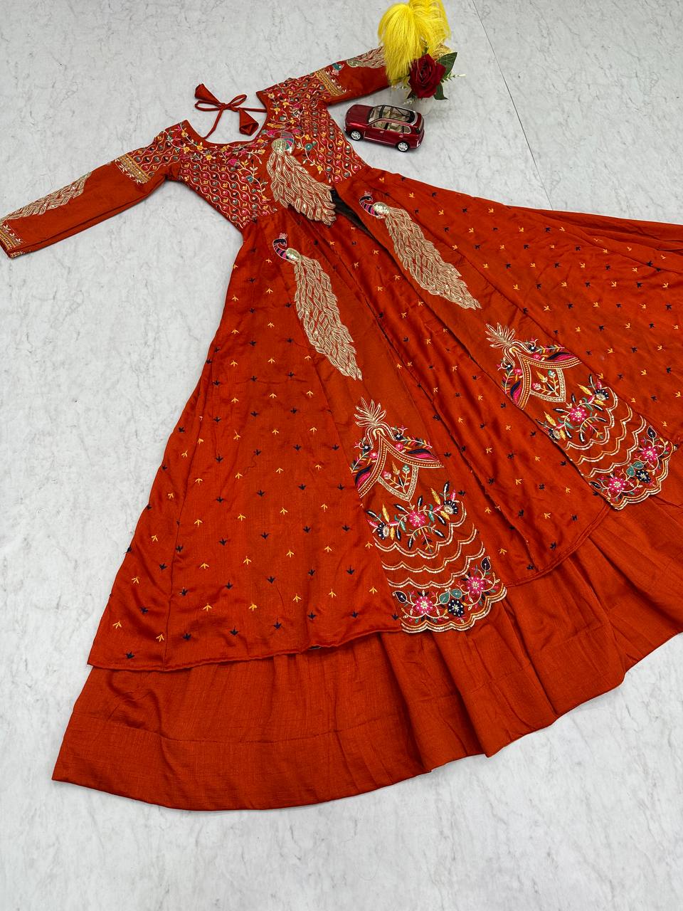 Mani orange Vichitra silk crop top peacock design lehenga with embroidered shrug