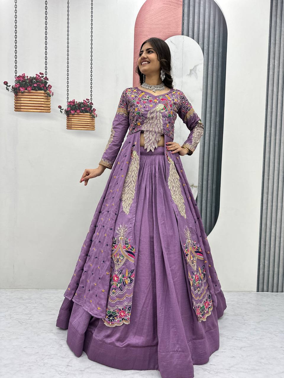 Mani lavender Vichitra silk crop top peacock design lehenga with embroidered shrug