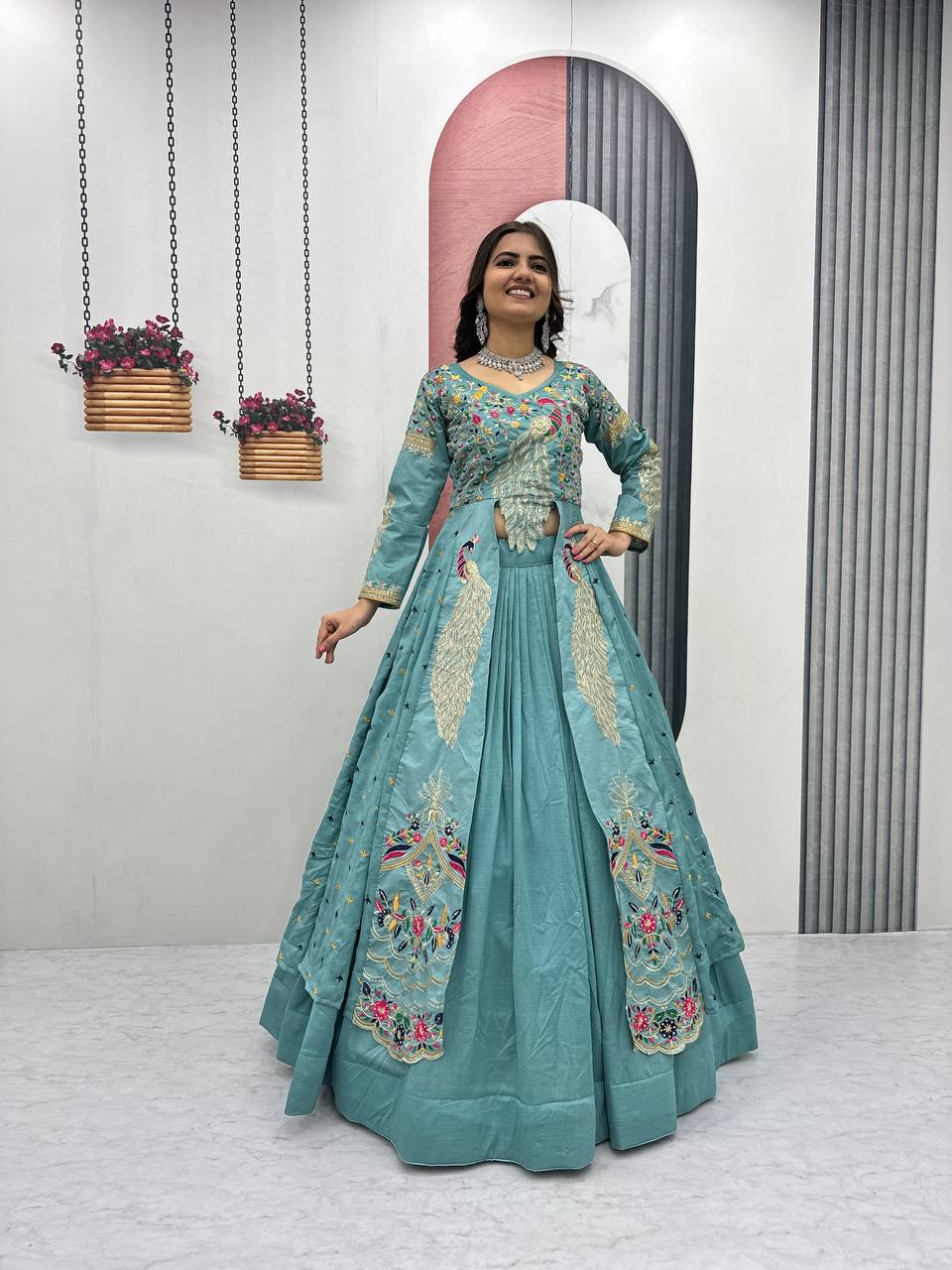 Mani teal Vichitra silk crop top peacock design lehenga with embroidered shrug