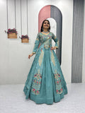 Mani teal Vichitra silk crop top peacock design lehenga with embroidered shrug