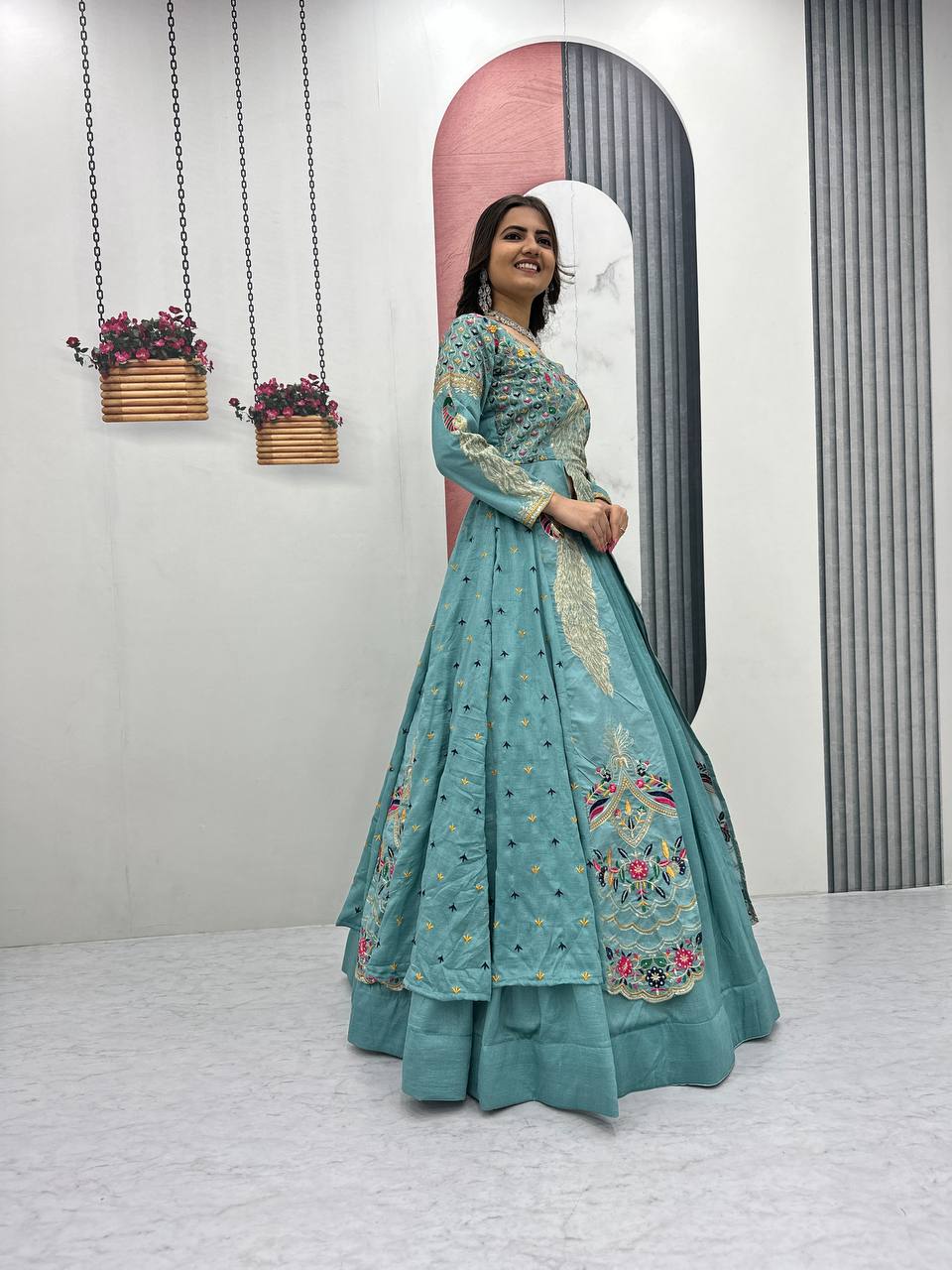 Mani teal Vichitra silk crop top peacock design lehenga with embroidered shrug