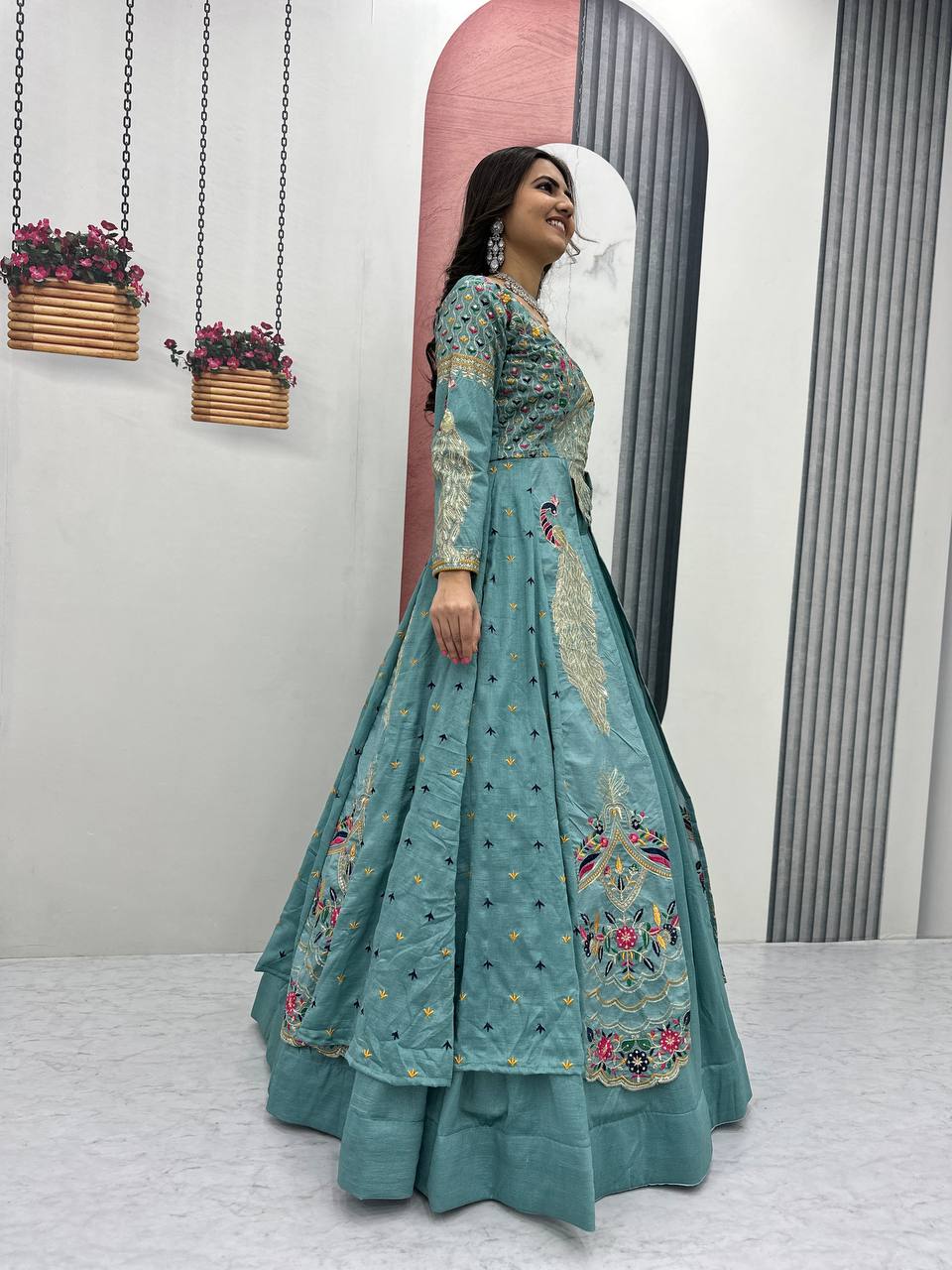 Mani teal Vichitra silk crop top peacock design lehenga with embroidered shrug
