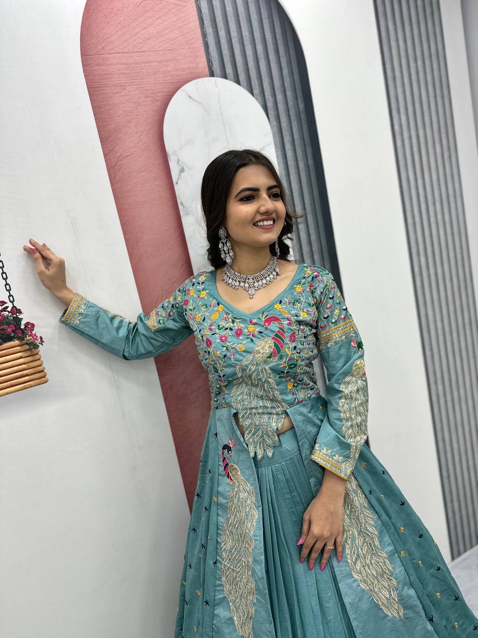 Mani teal Vichitra silk crop top peacock design lehenga with embroidered shrug