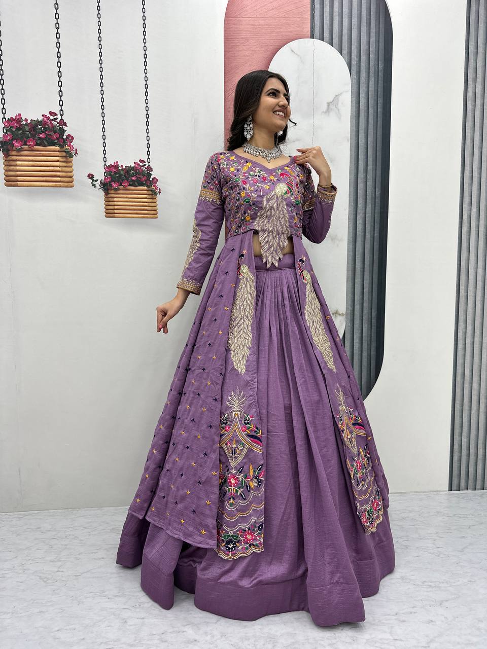 Mani lavender Vichitra silk crop top peacock design lehenga with embroidered shrug