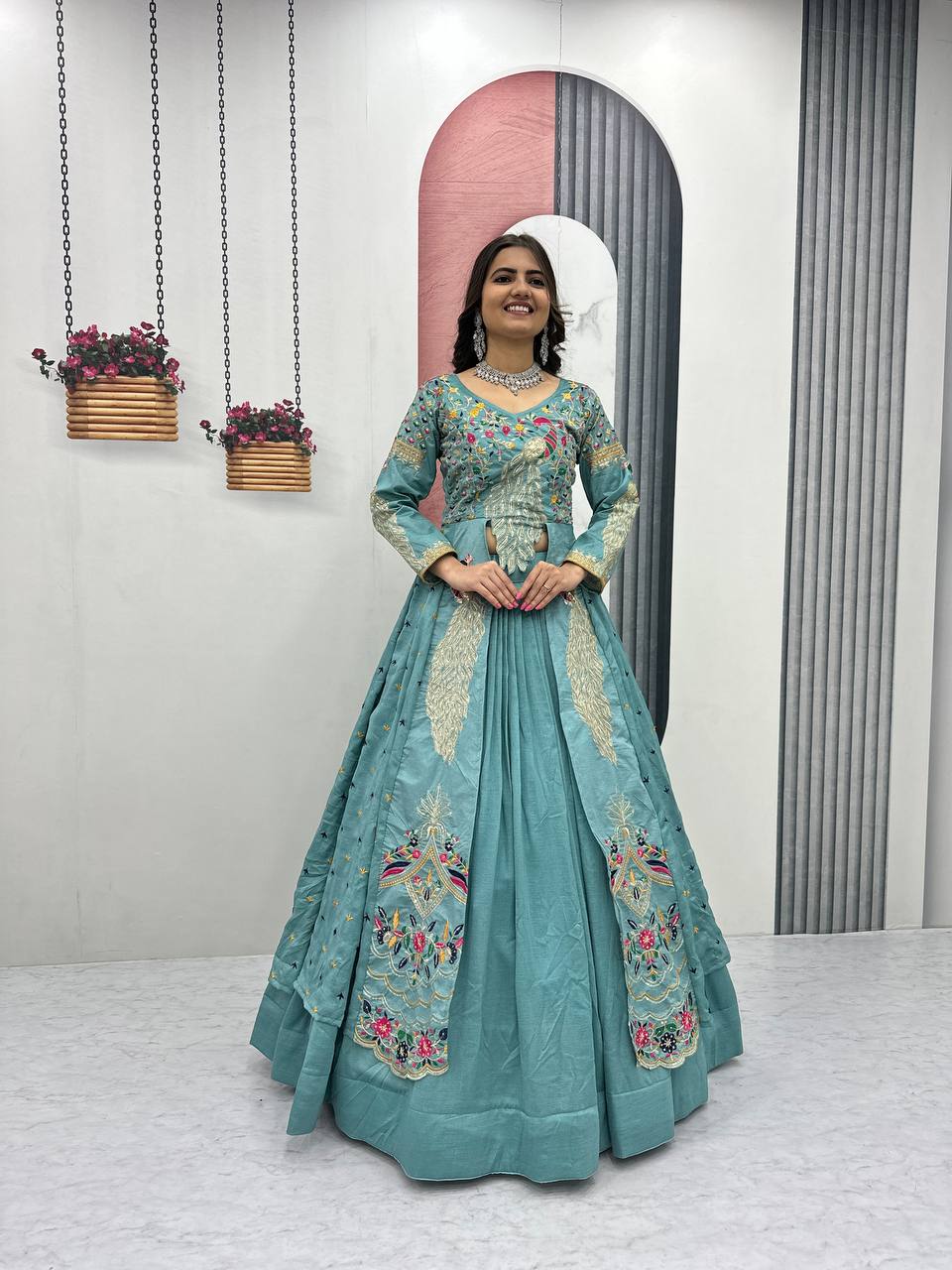 Mani teal Vichitra silk crop top peacock design lehenga with embroidered shrug