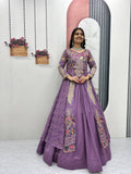 Mani lavender Vichitra silk crop top peacock design lehenga with embroidered shrug