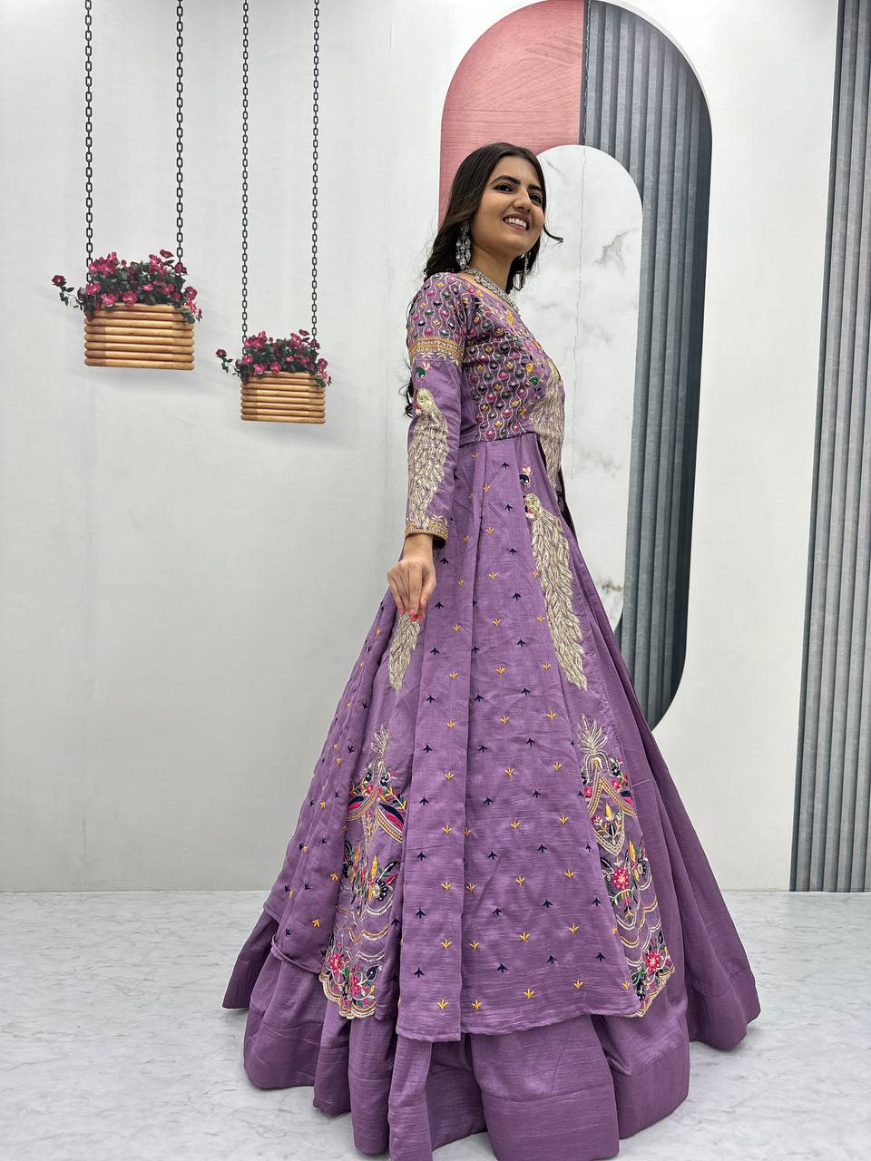 Mani lavender Vichitra silk crop top peacock design lehenga with embroidered shrug