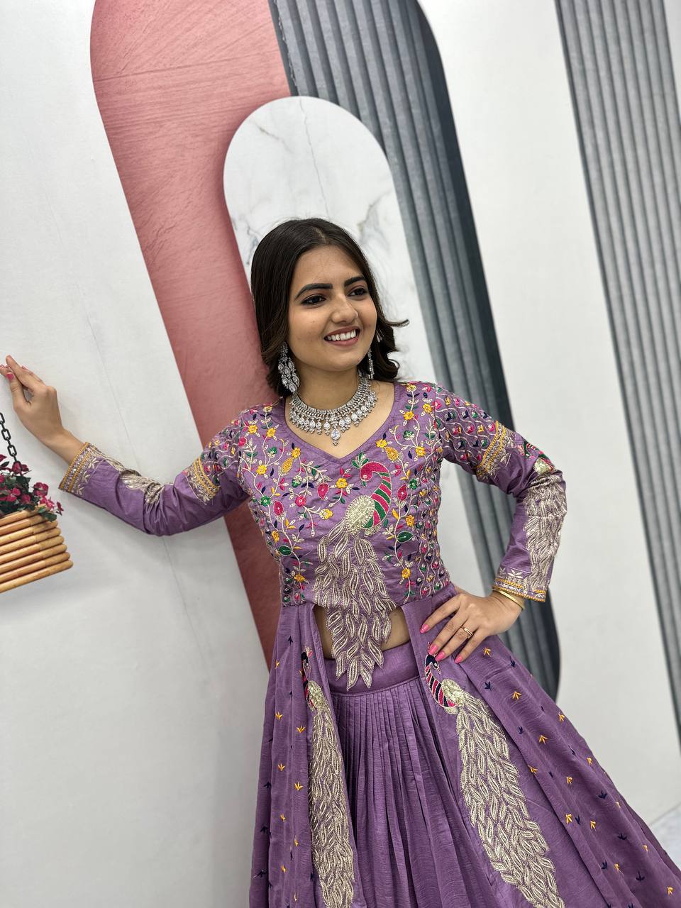 Mani lavender Vichitra silk crop top peacock design lehenga with embroidered shrug