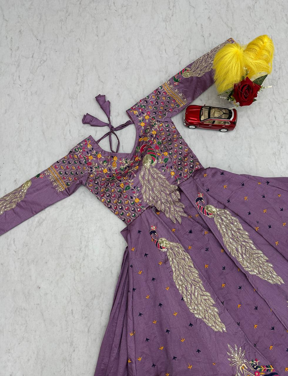Mani lavender Vichitra silk crop top peacock design lehenga with embroidered shrug
