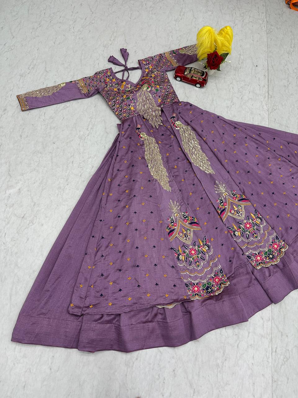 Mani lavender Vichitra silk crop top peacock design lehenga with embroidered shrug
