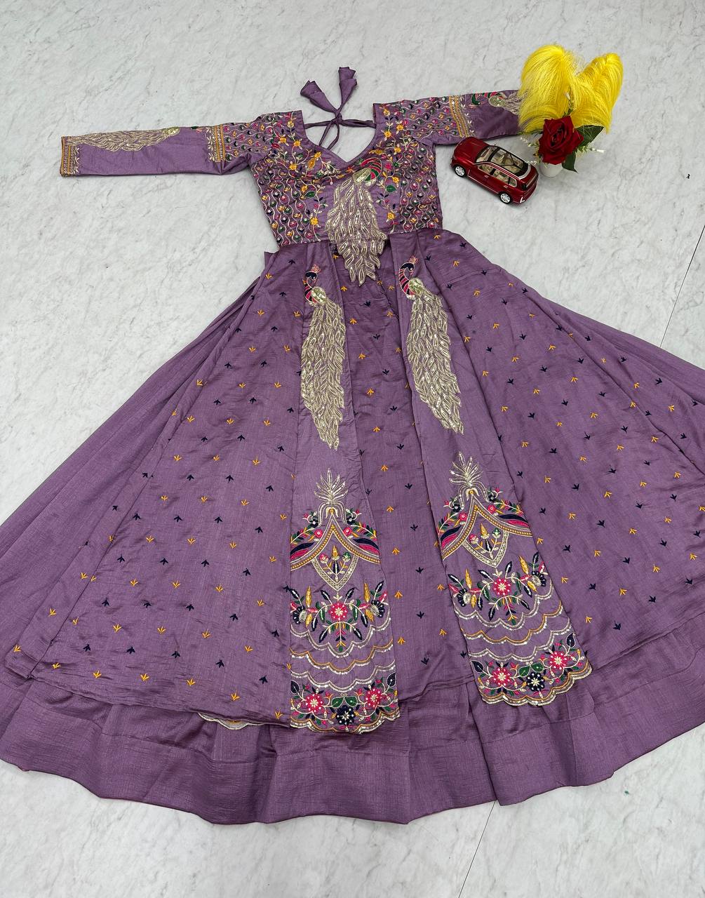 Mani lavender Vichitra silk crop top peacock design lehenga with embroidered shrug