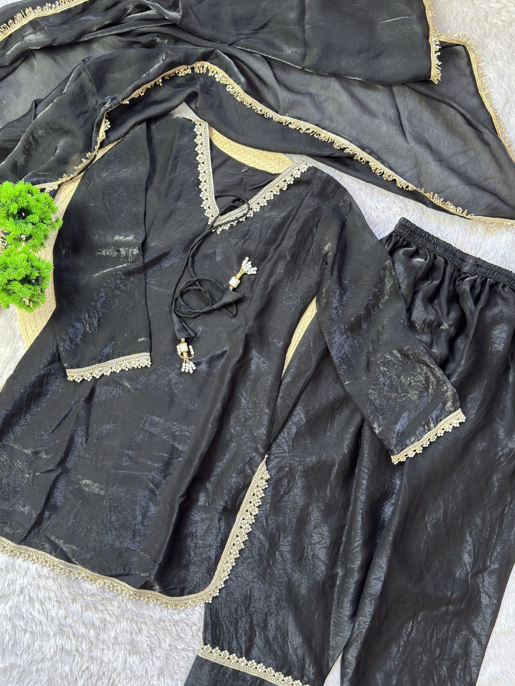 PREMIUM FENDY SILK SHARARA SUIT WITH PEARL MIRROR LACE WORK