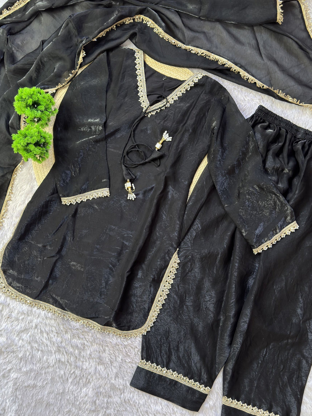PREMIUM FENDY SILK SHARARA SUIT WITH PEARL MIRROR LACE WORK