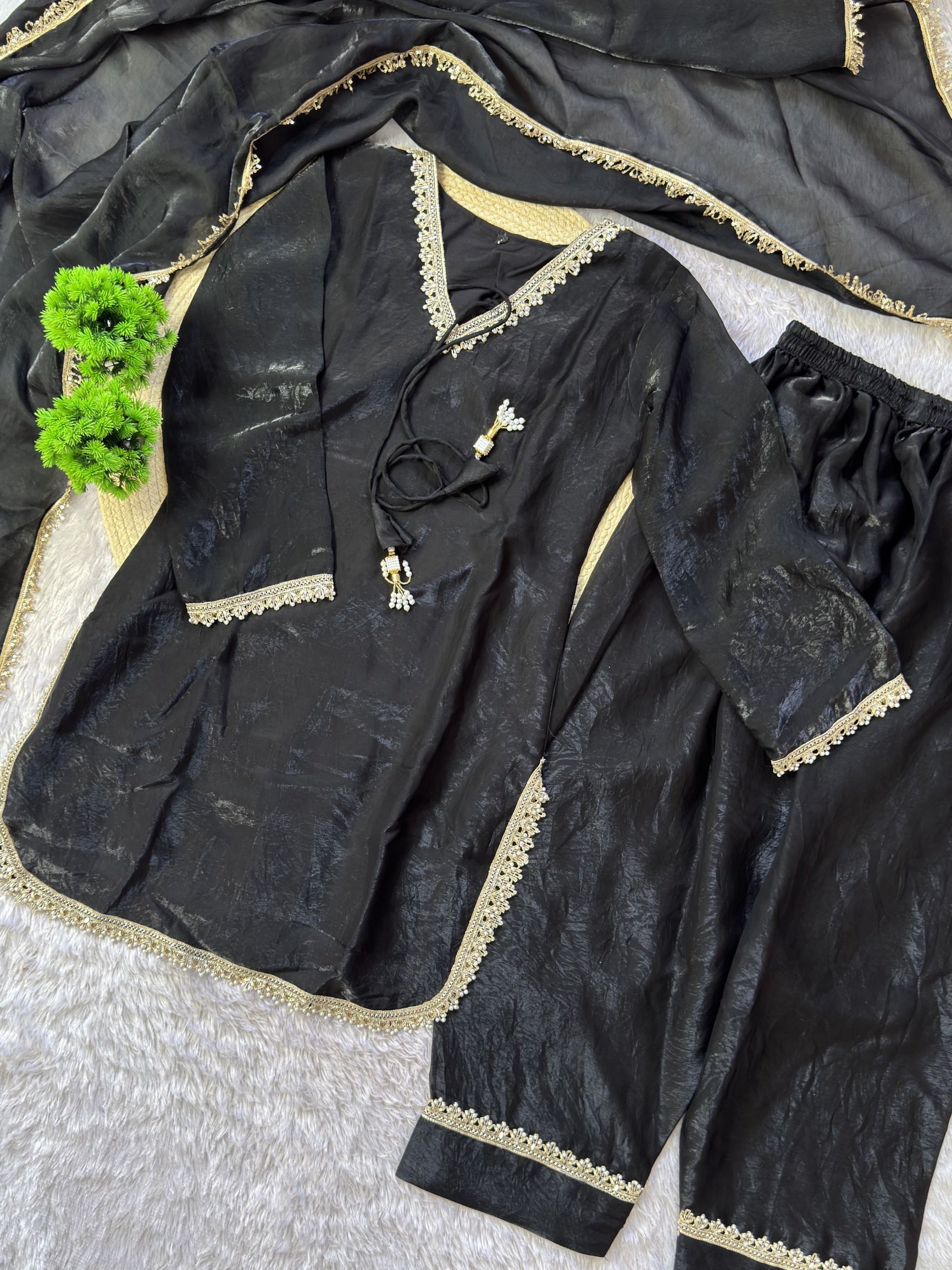PREMIUM FENDY SILK SHARARA SUIT WITH PEARL MIRROR LACE WORK