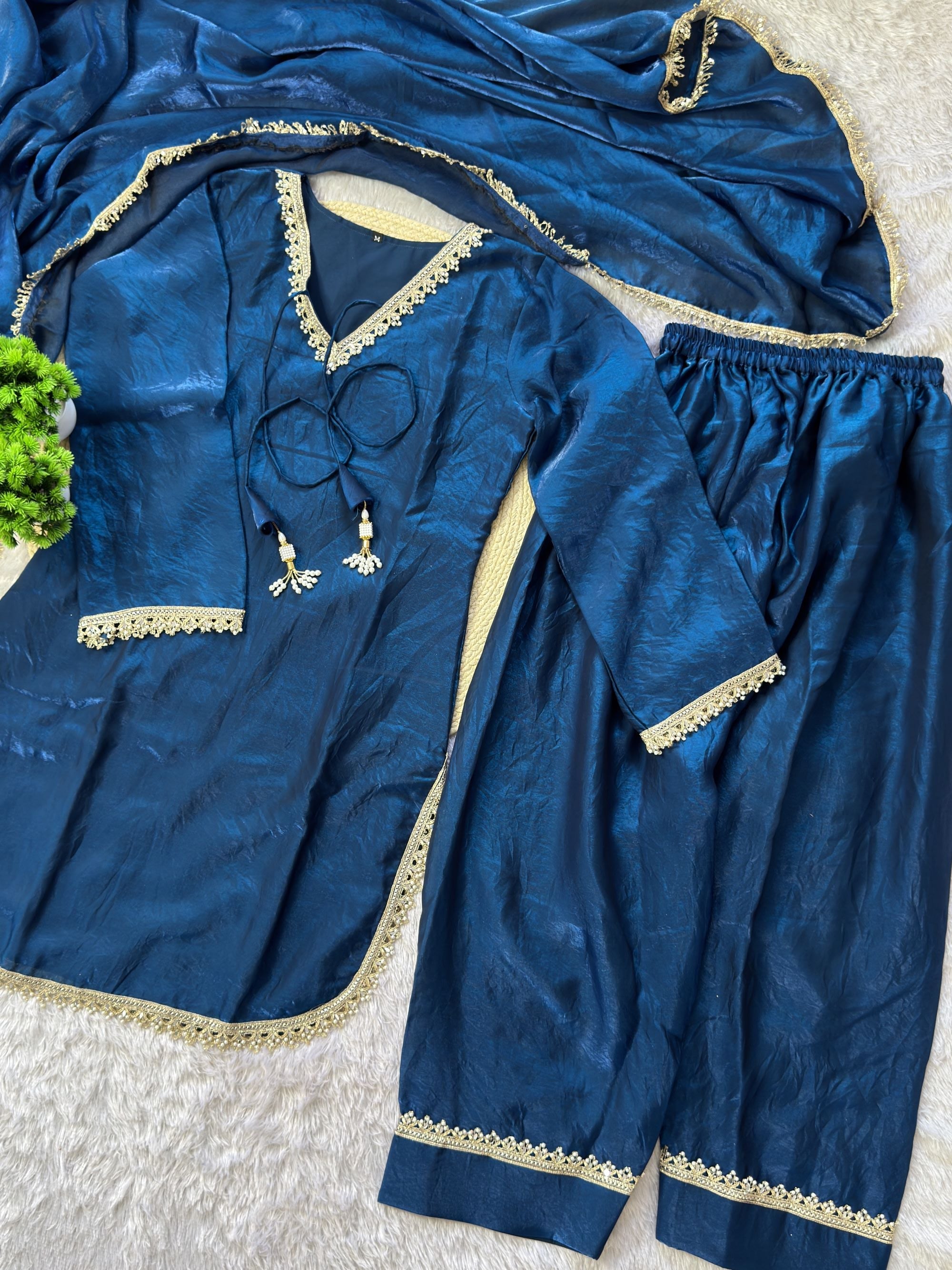 PREMIUM FENDY SILK SHARARA SUIT WITH PEARL MIRROR LACE WORK
