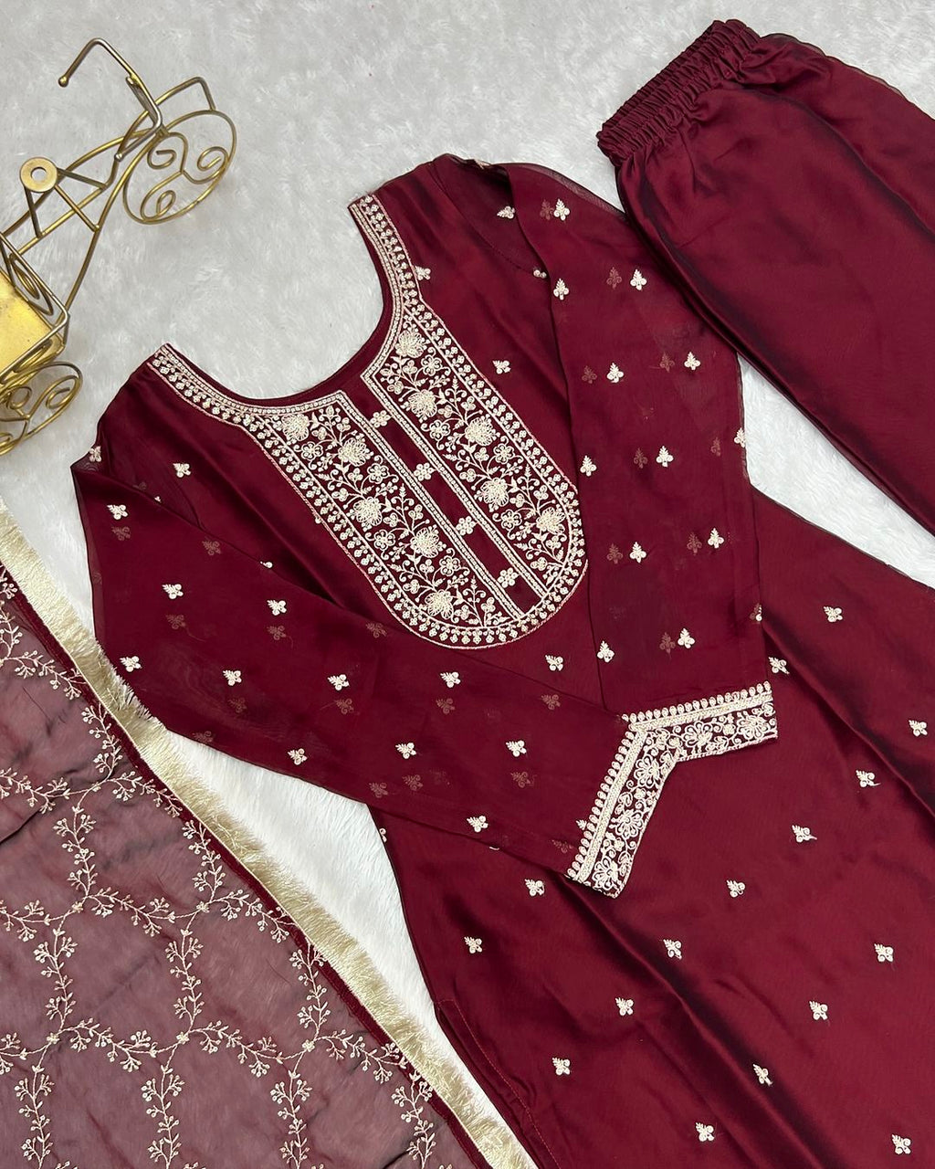 Jashwi wine Rangoli silk embroidered kurti set