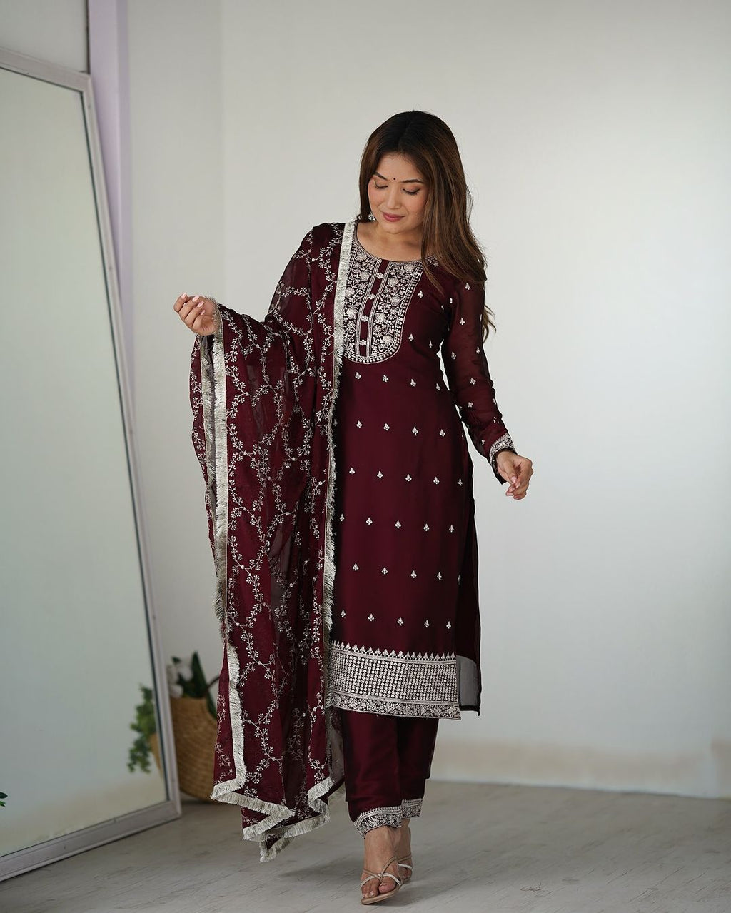 Jashwi wine Rangoli silk embroidered kurti set