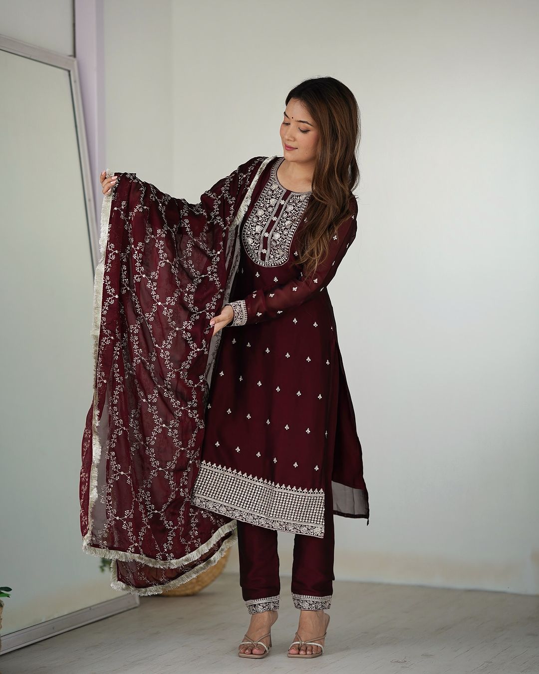 Jashwi wine Rangoli silk embroidered kurti set