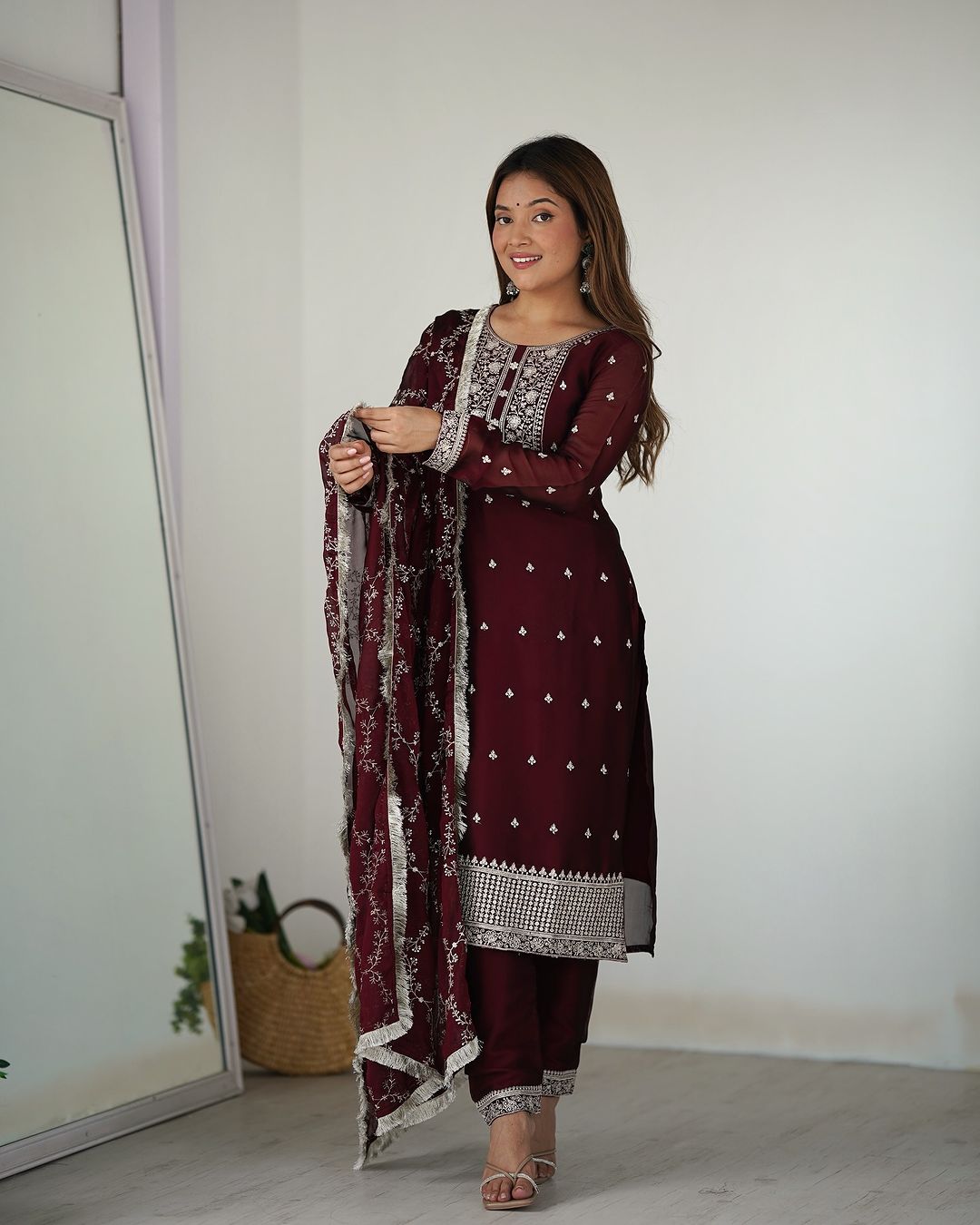 Jashwi wine Rangoli silk embroidered kurti set