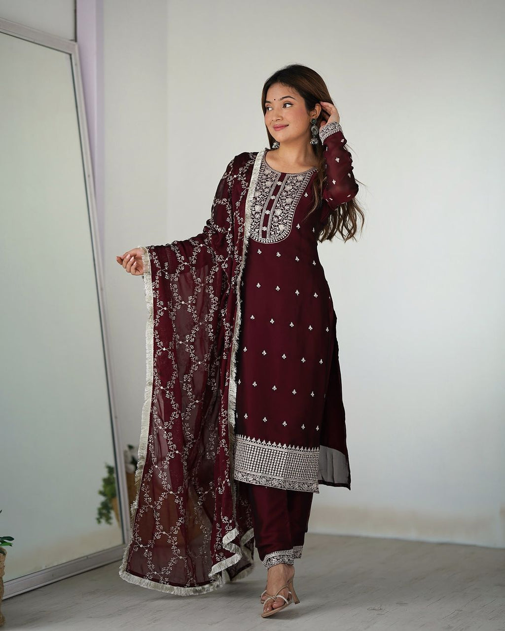 Jashwi wine Rangoli silk embroidered kurti set