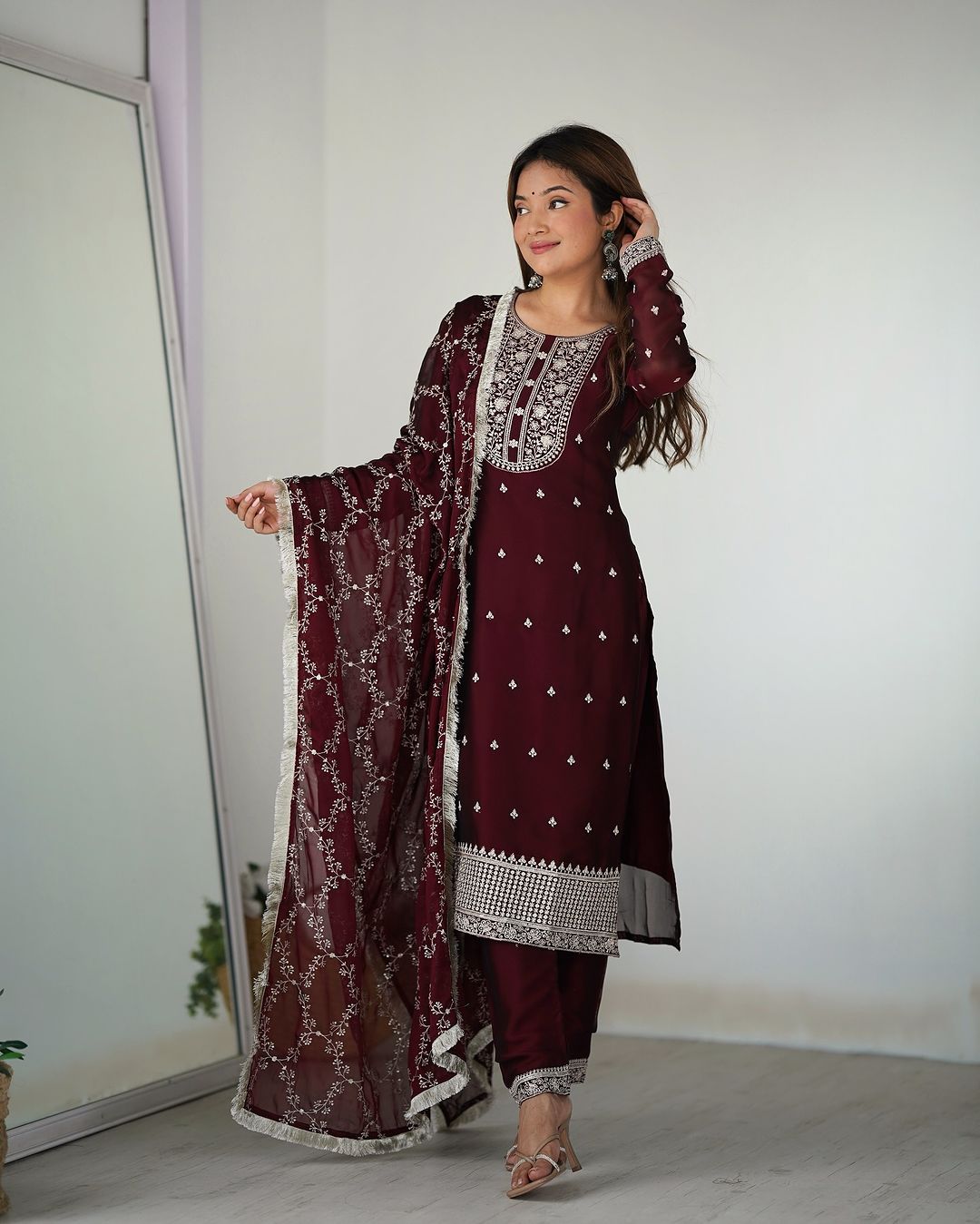 Jashwi wine Rangoli silk embroidered kurti set