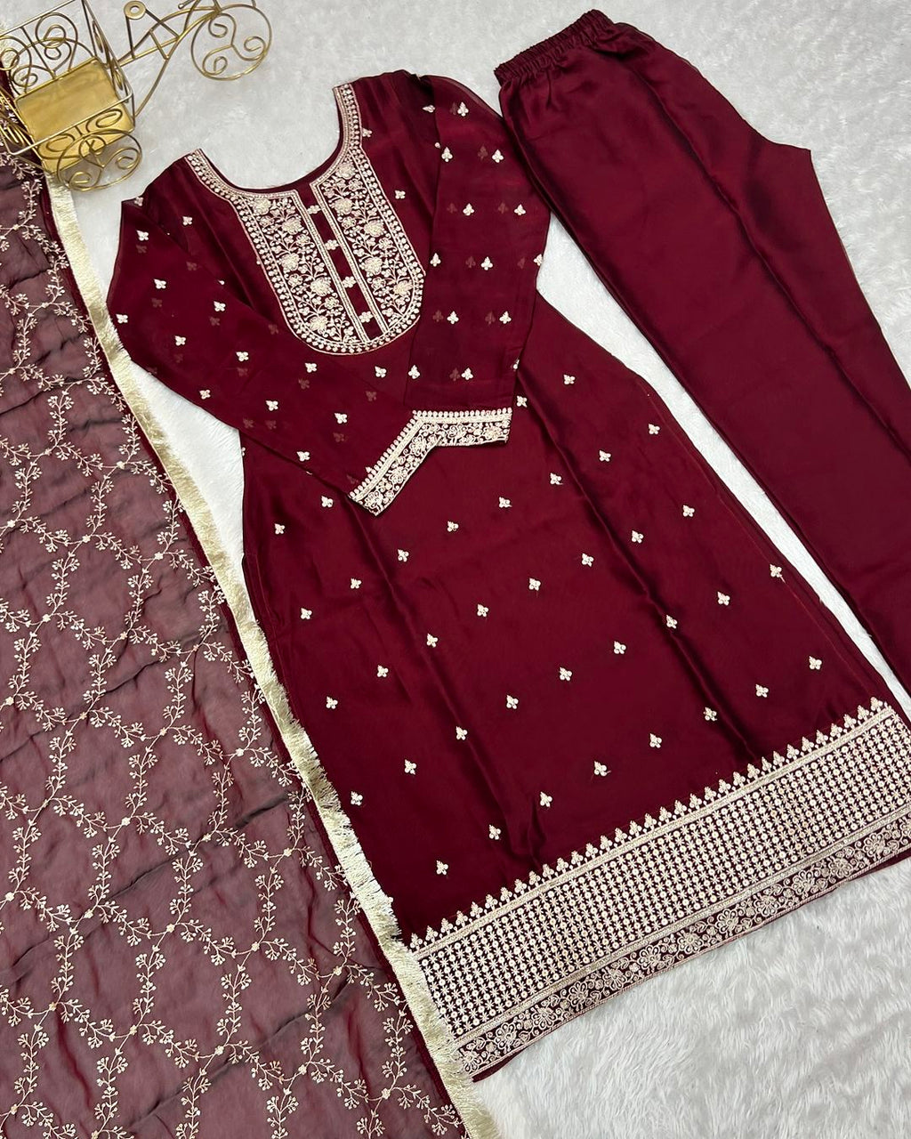 Jashwi wine Rangoli silk embroidered kurti set