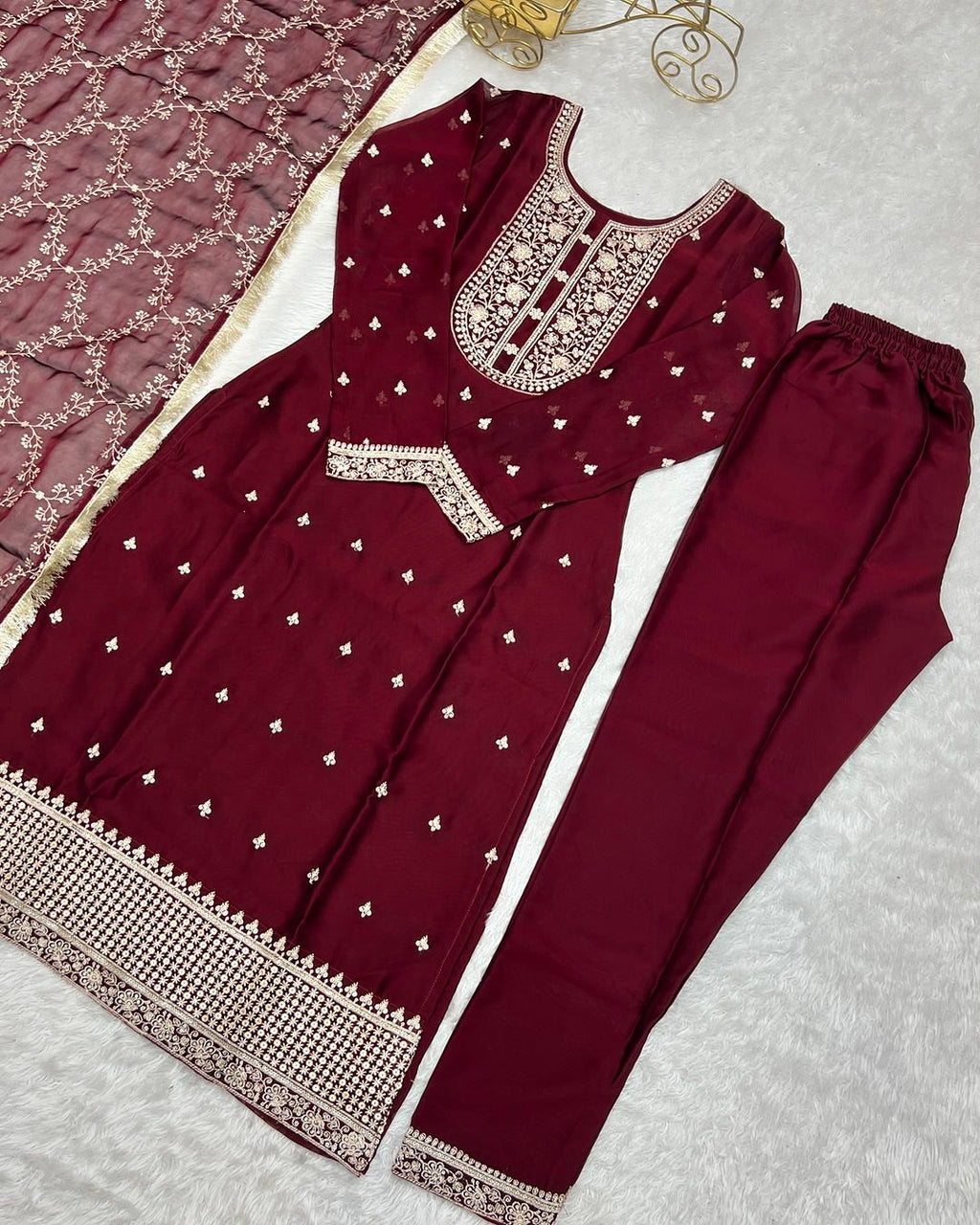 Jashwi wine Rangoli silk embroidered kurti set