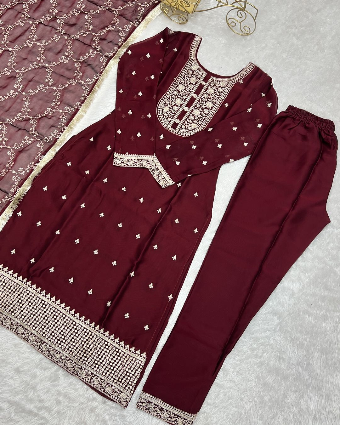 Jashwi wine Rangoli silk embroidered kurti set