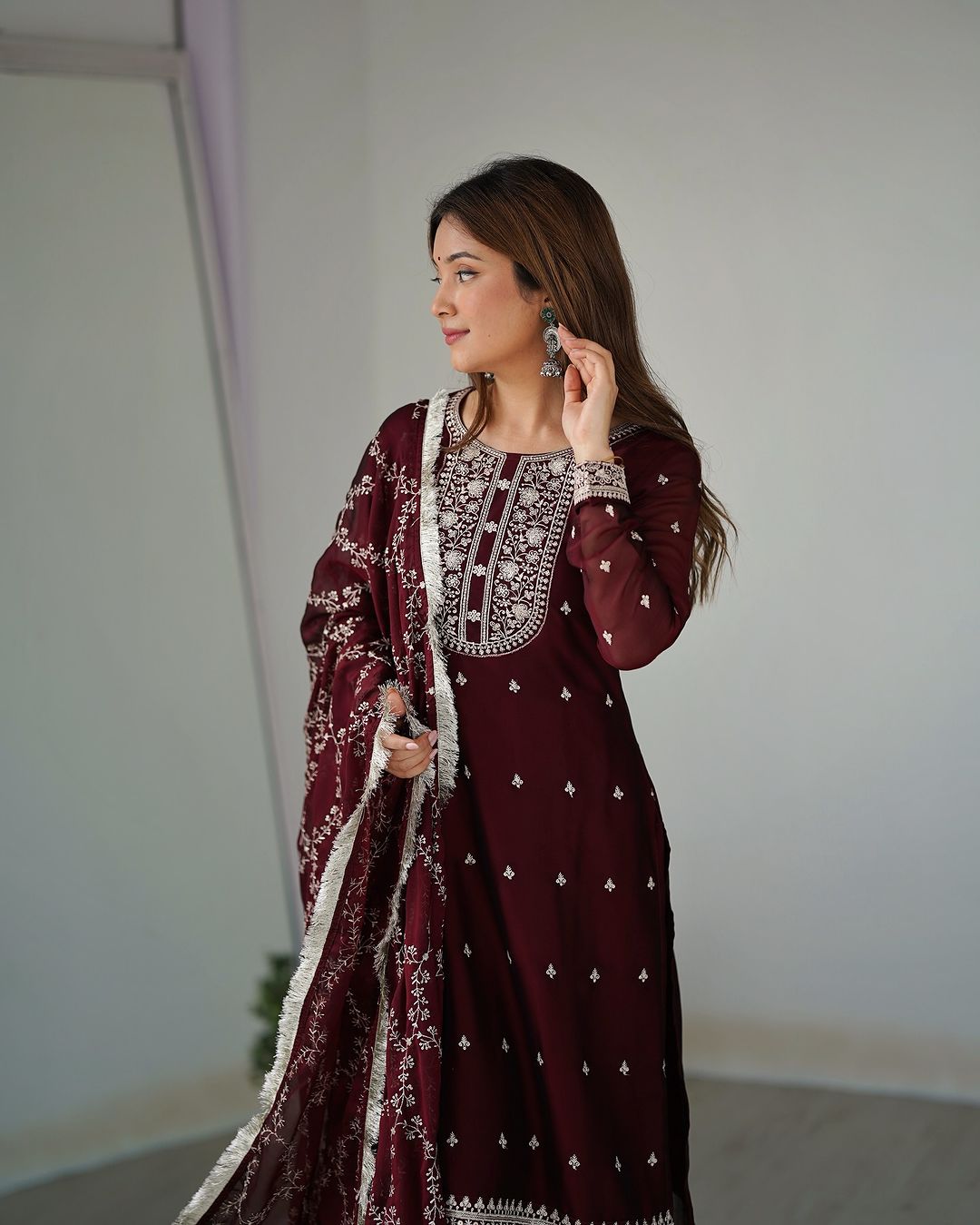 Jashwi wine Rangoli silk embroidered kurti set