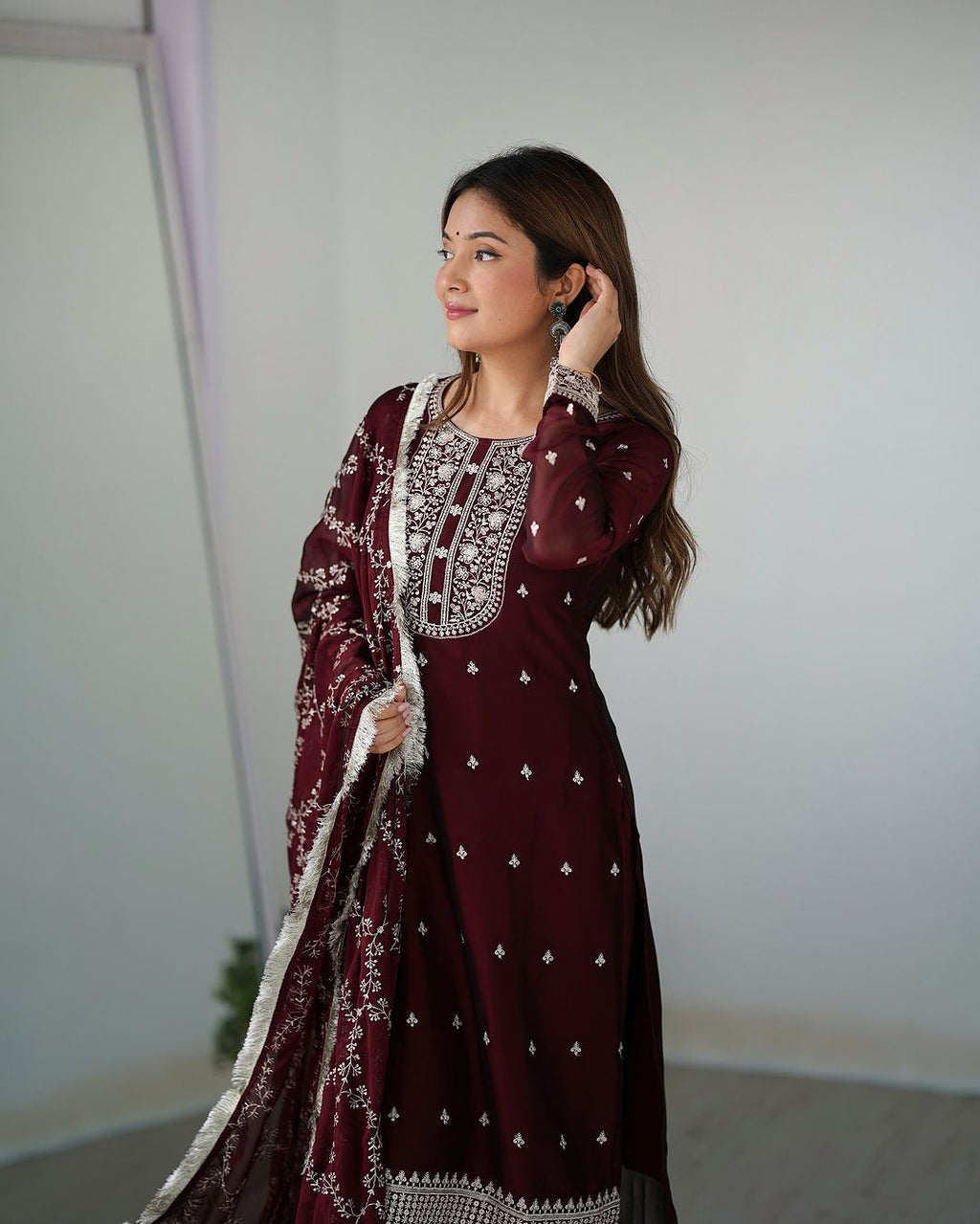 Jashwi wine Rangoli silk embroidered kurti set