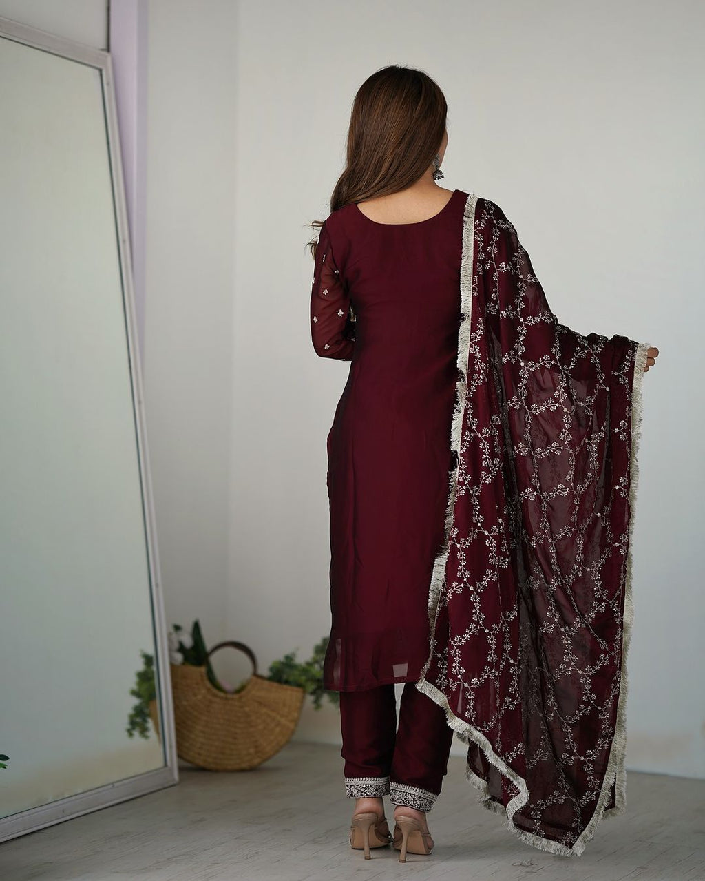 Jashwi wine Rangoli silk embroidered kurti set