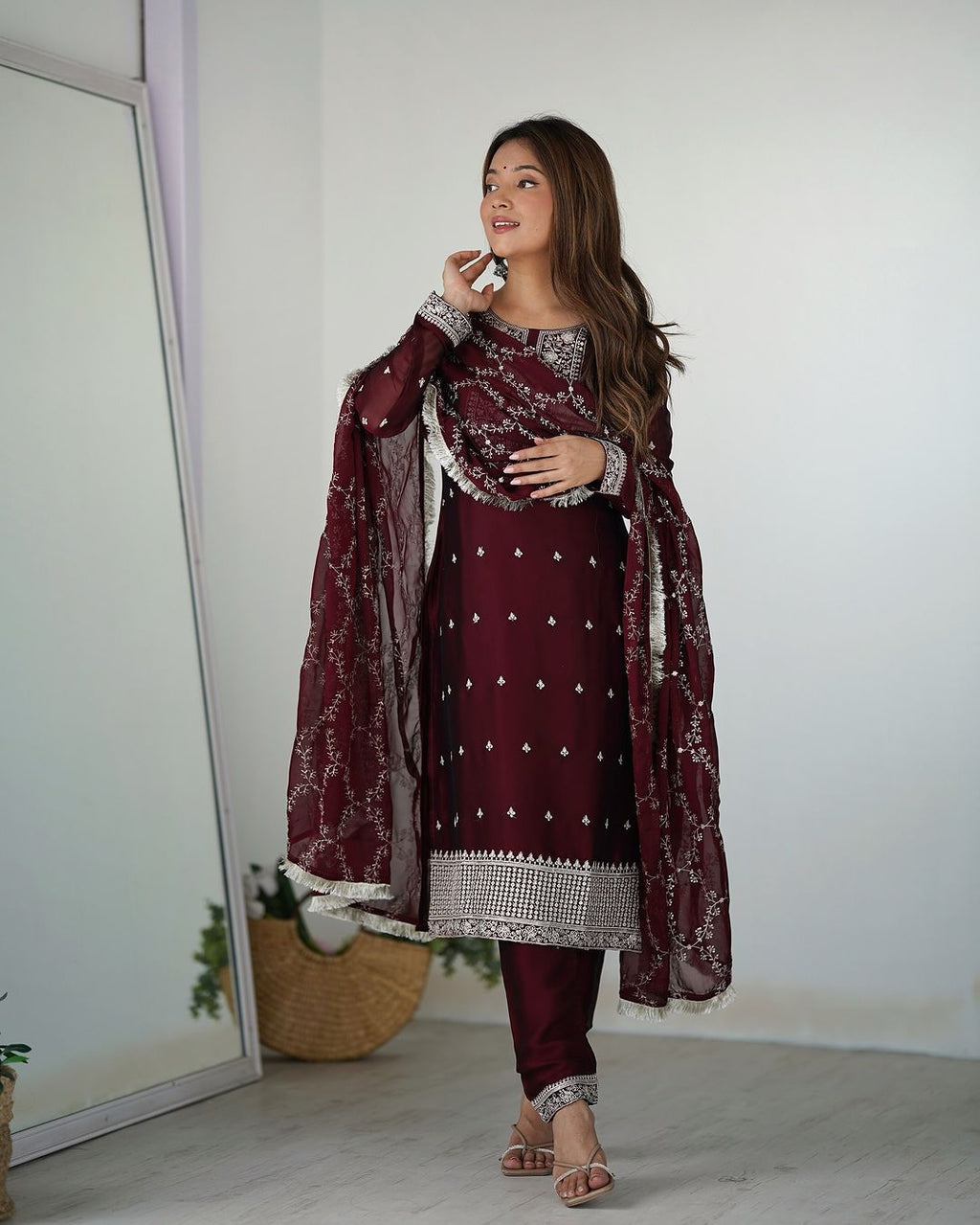 Jashwi wine Rangoli silk embroidered kurti set