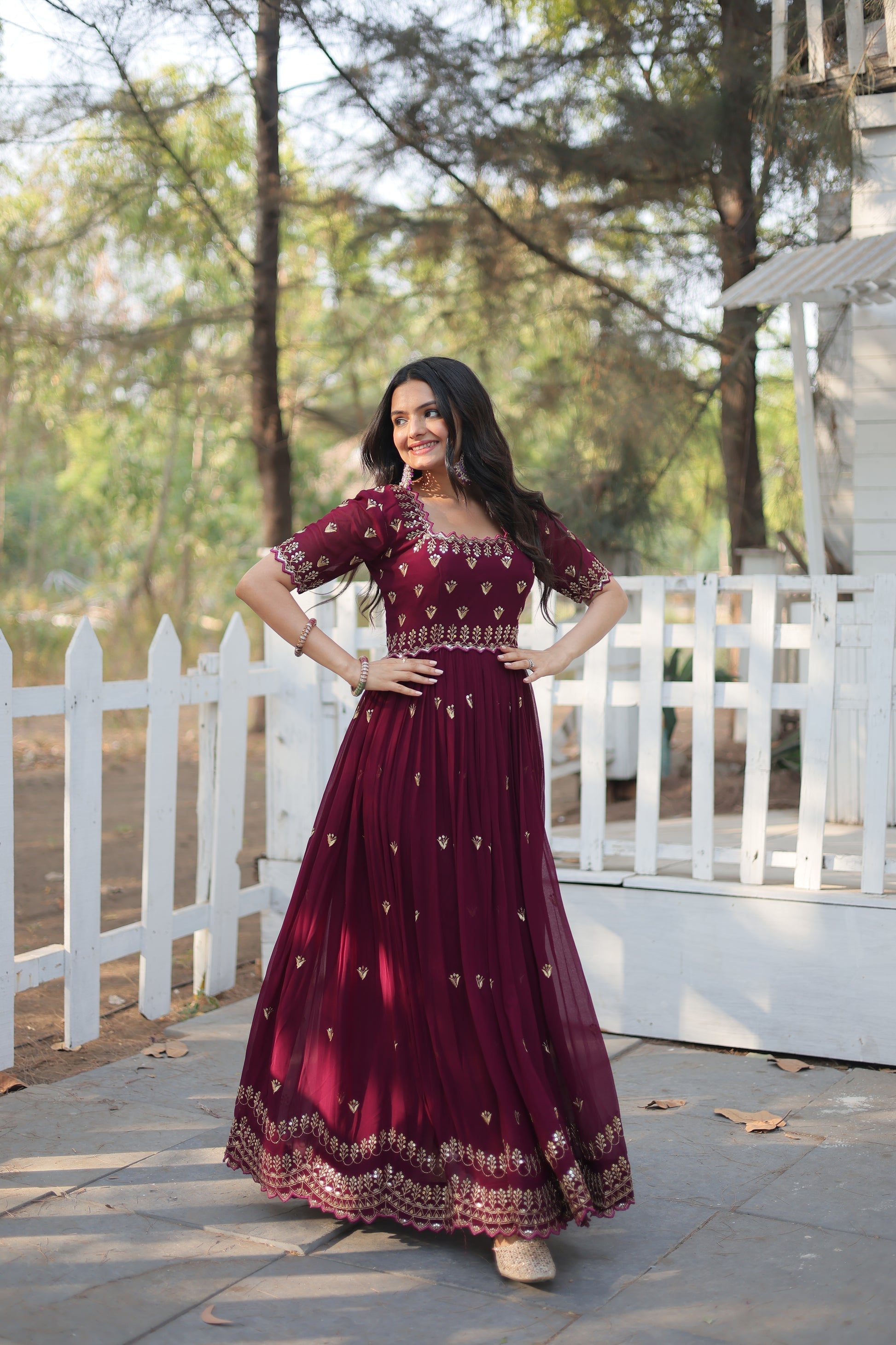 Brown embroidered Jinisha designer Anarkali gown